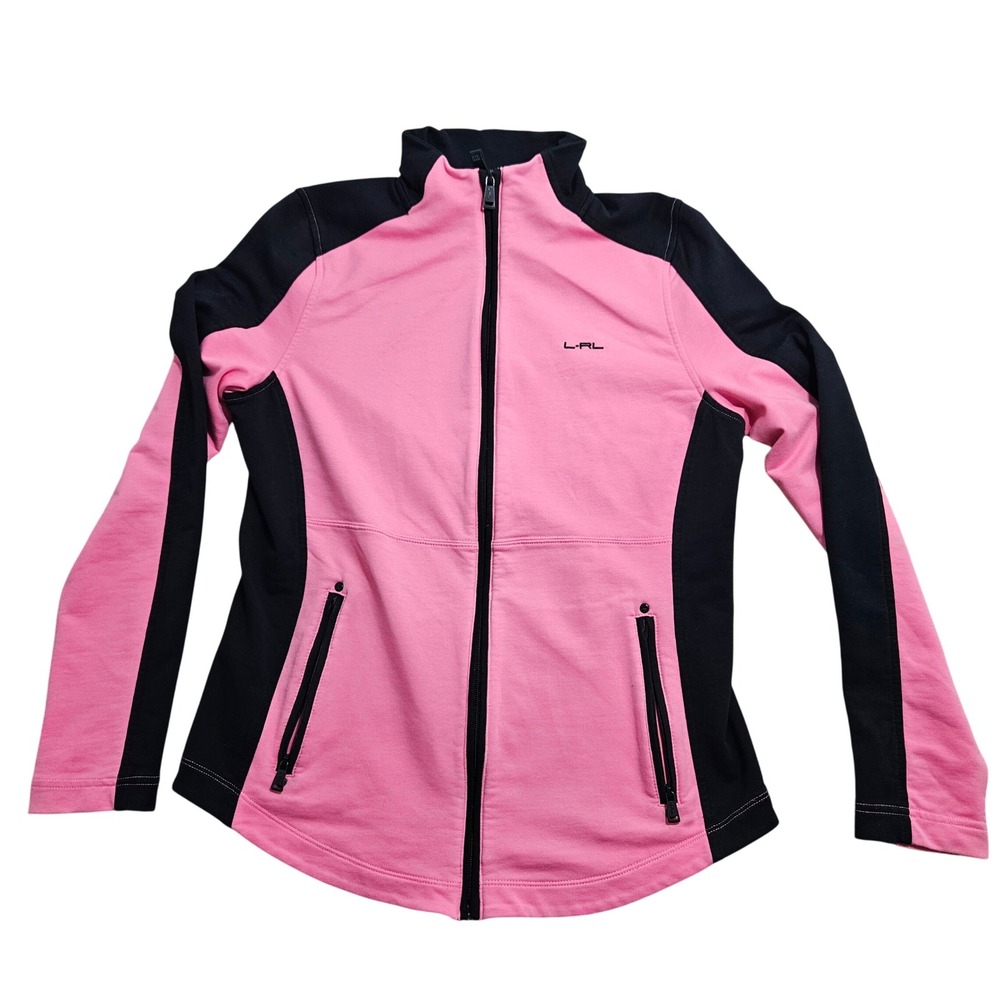 Lauren Ralph Lauren Track Jacket Women Medium Pink Black Colorblock Full Zip